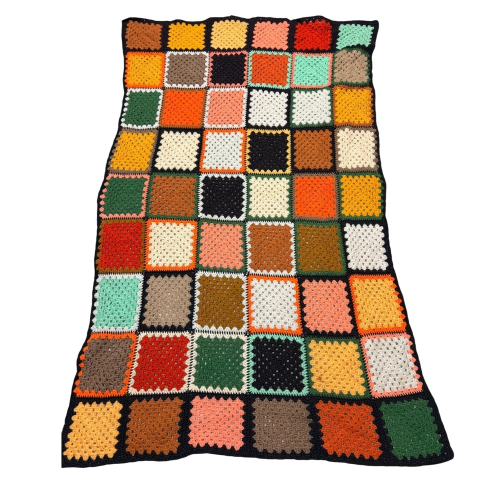 Vintage Handmade Crochet Granny Square Afghan Blanket Boho Throw 82x55 - BZ